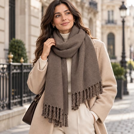 MOCHA LUXE Premium Kadın Şal – Acı Kahve Vizon Tonlarında, Yumuşak Dokulu, Kalın Görünümlü, Püsküllü Oversize Kışlık Omuz Şalı ve Atkı, Old Money Stil
