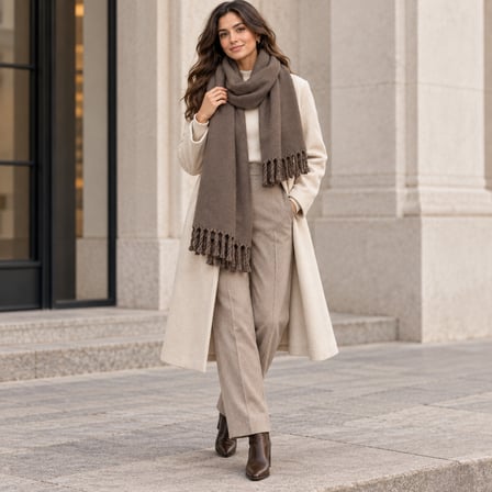 MOCHA LUXE Premium Kadın Şal – Acı Kahve Vizon Tonlarında, Yumuşak Dokulu, Kalın Görünümlü, Püsküllü Oversize Kışlık Omuz Şalı ve Atkı, Old Money Stil