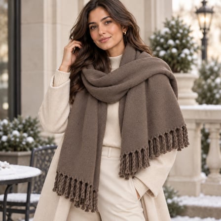 MOCHA LUXE Premium Kadın Şal – Acı Kahve Vizon Tonlarında, Yumuşak Dokulu, Kalın Görünümlü, Püsküllü Oversize Kışlık Omuz Şalı ve Atkı, Old Money Stil