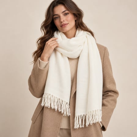 LUMIÈRE Ecru Collection | Ekru Krem Püsküllü Kadın Şal – Soft Touch Yumuşak Dokulu, Oversize, Old Money Stil, Zarif Kışlık Atkı Şal