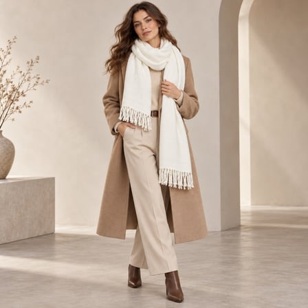 LUMIÈRE Ecru Collection | Ekru Krem Püsküllü Kadın Şal – Soft Touch Yumuşak Dokulu, Oversize, Old Money Stil, Zarif Kışlık Atkı Şal