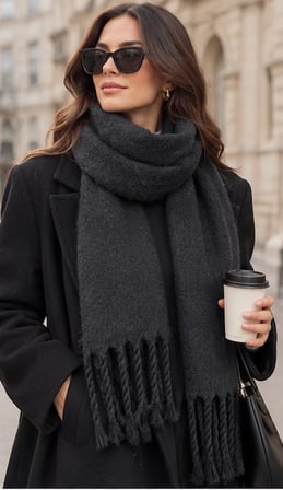 NOIR LUXE Antrasit Siyah Yumuşak Dokulu Kalın Kışlık Şal – Oversize Püsküllü Kadın Atkı, Old Money Stil, Şık ve Modern Omuz Şalı