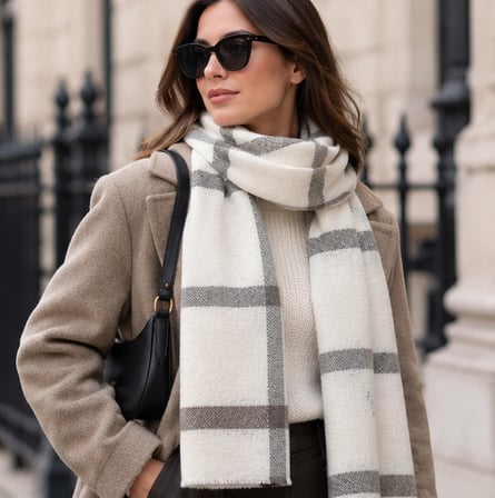 Milano Soft Touch Ekru Gri Ekose Desenli Kadın Şal – Old Money Stil, Yumuşak Dokulu, Oversize Görünümlü, Premium Sonbahar Kış Boyun Şalı