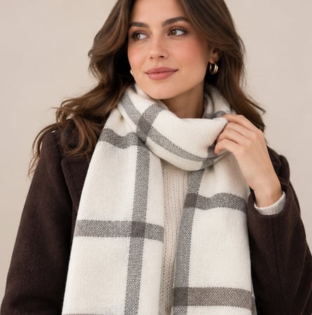 Milano Soft Touch Ekru Gri Ekose Desenli Kadın Şal – Old Money Stil, Yumuşak Dokulu, Oversize Görünümlü, Premium Sonbahar Kış Boyun Şalı