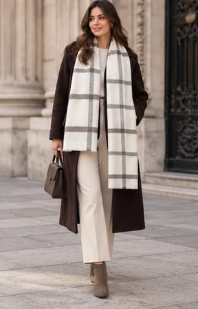 Milano Soft Touch Ekru Gri Ekose Desenli Kadın Şal – Old Money Stil, Yumuşak Dokulu, Oversize Görünümlü, Premium Sonbahar Kış Boyun Şalı