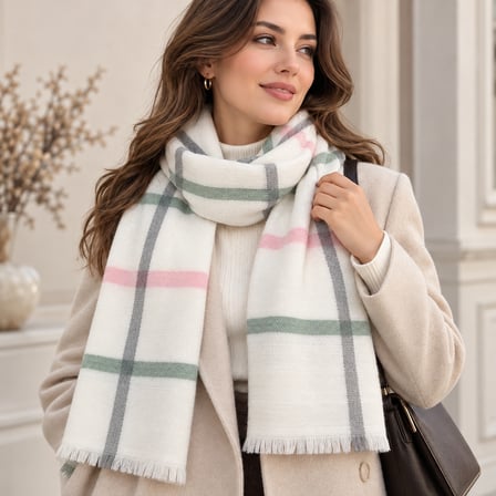 LUNA SOFT Premium Ekru Şal – Pudra Pembe & Mint Yeşili Ekose Desenli, Yumuşak Dokulu, Püsküllü, Oversize Kadın Kışlık Omuz ve Boyun Şalı