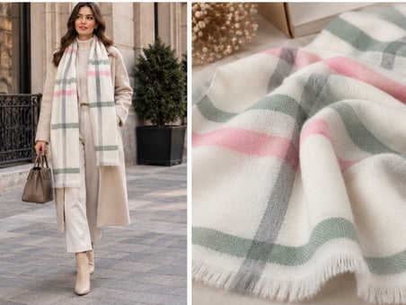 LUNA SOFT Premium Ekru Şal – Pudra Pembe & Mint Yeşili Ekose Desenli, Yumuşak Dokulu, Püsküllü, Oversize Kadın Kışlık Omuz ve Boyun Şalı