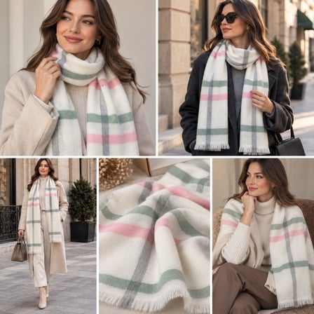 LUNA SOFT Premium Ekru Şal – Pudra Pembe & Mint Yeşili Ekose Desenli, Yumuşak Dokulu, Püsküllü, Oversize Kadın Kışlık Omuz ve Boyun Şalı