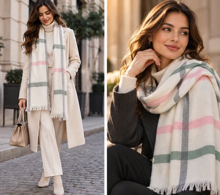 LUNA SOFT Premium Ekru Şal – Pudra Pembe & Mint Yeşili Ekose Desenli, Yumuşak Dokulu, Püsküllü, Oversize Kadın Kışlık Omuz ve Boyun Şalı