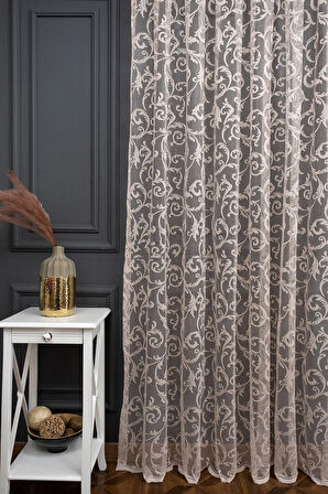 Klasik Şal Desen Vizon Bej Açık Kahve Renk 2 Kat Pileli Tül Perde