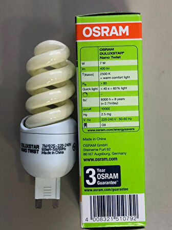 5 ADET Osram Dulux Superstar Nano Twist G9  7W=38W  400 Lümen  Spiral Lamba- Sarı Işık 2500 Kelvin