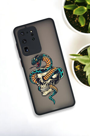 Samsung Galaxy S20 Ultra Uyumlu Skull & Snake Desenli Buzlu Şeffaf Lüx Telefon Kılıfı