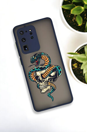 Samsung Galaxy S20 Ultra Uyumlu Skull & Snake Desenli Buzlu Şeffaf Lüx Telefon Kılıfı
