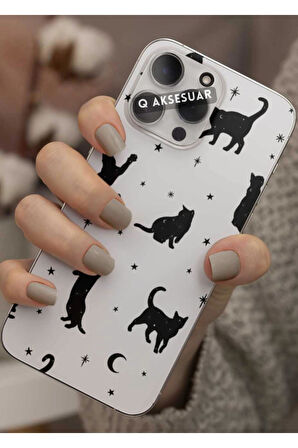 Samsung Galaxy M12 Uyumlu Kedi ve Yıldızlar Tasarımlı Şeffaf Telefon Kılıfı Kapak Case