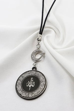 Parlak Zirkon Ay Yıldızlı Siyah Ayetel Kürsi Allah Lafzı Nazar Ayeti Çelik Araba Ayna Süsü