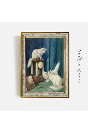 Çerçeveli Vintage Tablo, Yağlı Boya Tablosu, Çerçeveli Tablo, Sanatsal Dekor, Kedi Tablosu