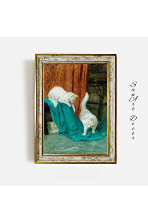 Çerçeveli Vintage Tablo, Yağlı Boya Tablosu, Çerçeveli Tablo, Sanatsal Dekor, Kedi Tablosu