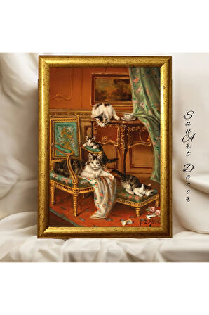 Çerçeveli Vintage Tablo, Yağlı Boya Tablosu, Çerçeveli Tablo, Sanatsal Dekor, Kedi Tablosu