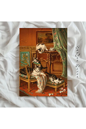 Çerçeveli Vintage Tablo, Yağlı Boya Tablosu, Çerçeveli Tablo, Sanatsal Dekor, Kedi Tablosu