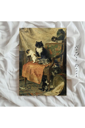 Çerçeveli Vintage Tablo, Yağlı Boya Tablosu, Sanatsal Dekor, Çerçeveli Tablo, Kedi Tablosu