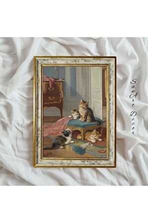 Çerçeveli Vintage Tablo, Yağlı Boya Tablosu, Çerçeveli Tablo, Sanatsal Dekor, Kedi Tablosu