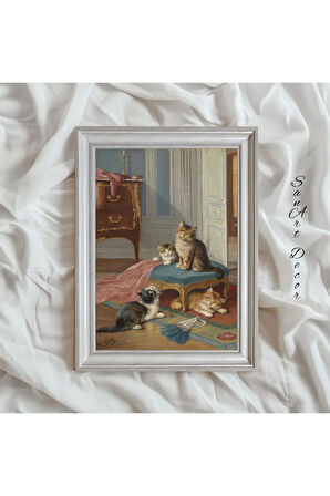 Çerçeveli Vintage Tablo, Yağlı Boya Tablosu, Çerçeveli Tablo, Sanatsal Dekor, Kedi Tablosu