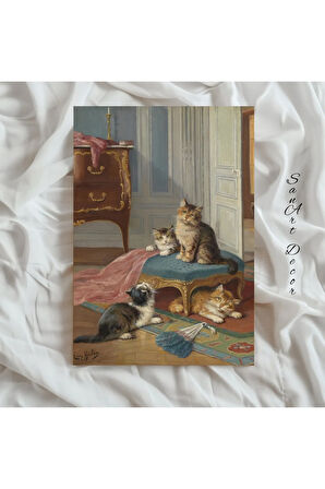 Çerçeveli Vintage Tablo, Yağlı Boya Tablosu, Çerçeveli Tablo, Sanatsal Dekor, Kedi Tablosu