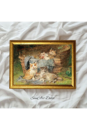 Çerçeveli Vintage Tablo, Kedi Tablosu, Yağlı Boya Tablosu, Çerçeveli Tablo, Sanatsal Dekor,