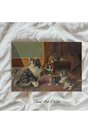 Çerçeveli Vintage Tablo, Kedi Tablosu, Yağlı Boya Tablosu, Çerçeveli Tablo, Sanatsal Dekor,
