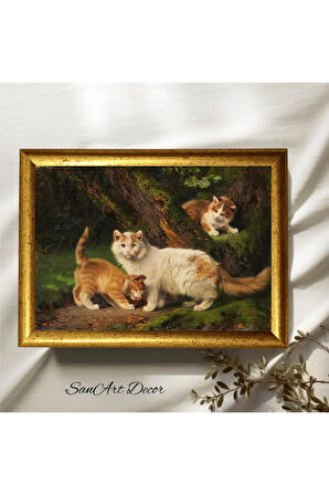 Çerçeveli Vintage Tablo, Kedi Tablosu, Yağlı Boya Tablosu, Çerçeveli Tablo, Sanatsal Dekor