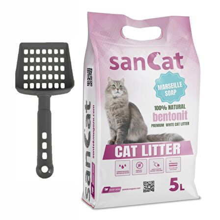 Sancat Premium Marsilya Sabun Kokulu Topaklaşan Beyaz Bentonit Kedi Kumu 5 L + Kürek