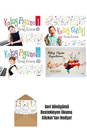 Sevinç Ereren 4 Kitap Set / Kolay Piyano 1-2 - Kolay Solfej + Okuma Sticker'ları
