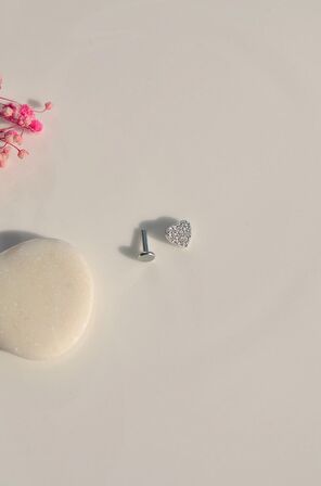 Zirkon Taşlı Gümüş Renkli Kalpli Helix Kıkırdak Tragus Piercing