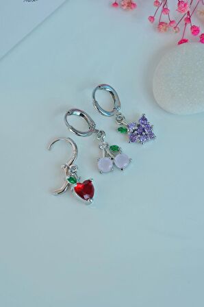 Gümüş Renkli Meyve Detaylı Üçlü Küpe Seti