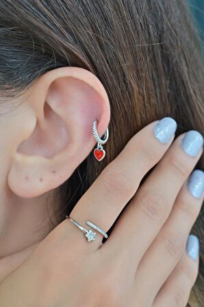 Gümüş Rengi Kırmızı Kalp Sallantılı Kıkırdak Küpe Piercing