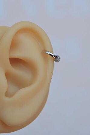 Gümüş Renkli Zirkon Toplu Halka Tragus Piercing Helix Kıkırdak Küpesi
