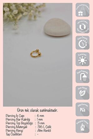 6 mm Gold Çelik Top Uçlu Piercing Tragus Helix Kıkırdak