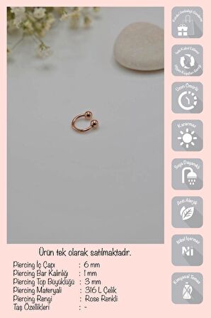 6 mm Rose Çelik Top Uçlu Piercing Tragus Helix Kıkırdak