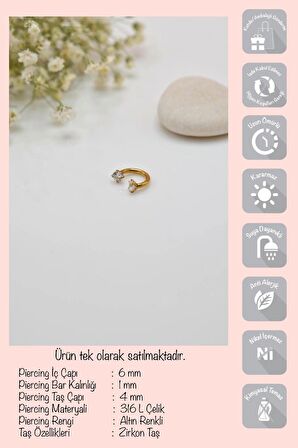 6 mm Gold Çelik Taşlı Percing Tragus Helix Kıkırdak