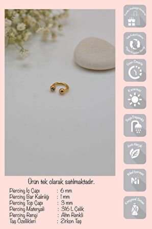 6 mm Gold Çelik Top Uçlu Taşlı Piercing Tragus Helix Kıkırdak
