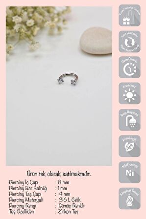 8 mm Gümüş Renk Çelik Taşlı Piercing Tragus Helix Kıkırdak