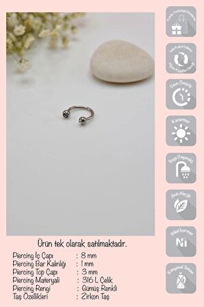 8 mm Gümüş Renk Çelik Top Uçlu Taşlı Piercing Septum Kıkırdak