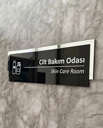 Silver Aynalı Parlak Siyah Seri Cilt Bakım Odası Kapı Isimliği Yönlendirme Levhası