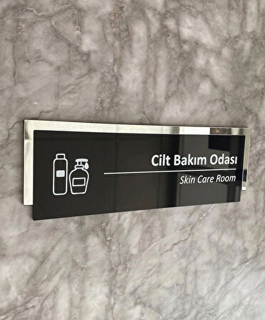 Silver Aynalı Parlak Siyah Seri Cilt Bakım Odası Kapı Isimliği Yönlendirme Levhası