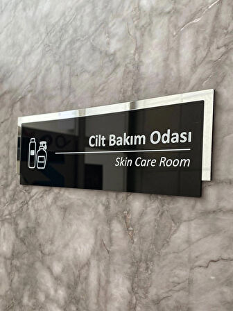 Silver Aynalı Parlak Siyah Seri Cilt Bakım Odası Kapı Isimliği Yönlendirme Levhası