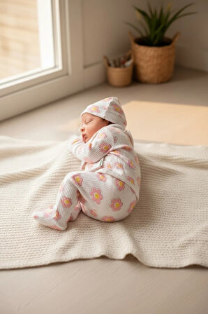 SaraKids Kız Bebek Yeni doğan 5’li Set Beyaz Pembe çiçek Desenli