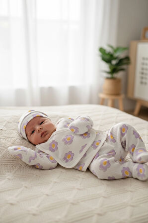 SaraKids Kız Bebek Yeni doğan 5’li Set Beyaz lila çiçek Desenli