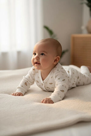 SaraKids Erkek Bebek Yeni doğan Beyaz Kahverengi araba Desenli tulum