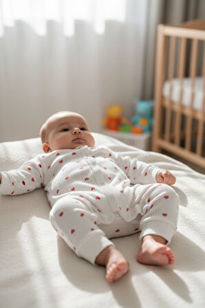 SaraKids Kız Bebek Yeni doğan Beyaz Kırmızı Kalp Desenli Tulum