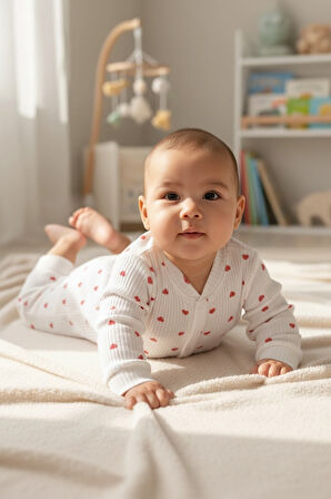 SaraKids Kız Bebek Yeni doğan Beyaz Kırmızı Kalp Desenli Tulum